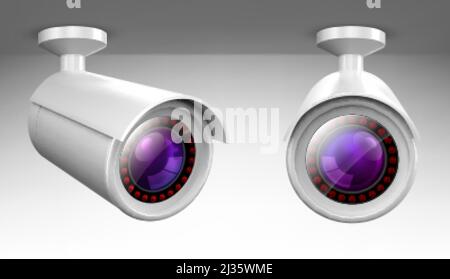 Security cam, cctv video camera, street observe surveillance equipment front and side angle view. Secure guard eye and crime prevention isolated on wh Stock Vector