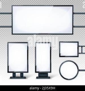 Blank billboards displays, empty white LCD screens or stands for advertising. Horizontal, vertical, round and rectangular blank banners isolated on tr Stock Vector