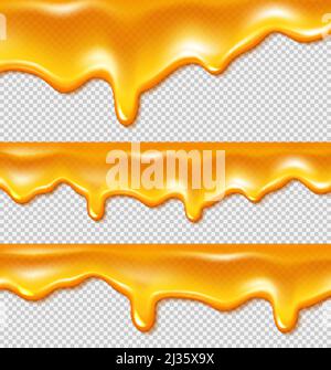 Dripping gold liquid honey borders isolated on transparent background. Vector realistic set of syrup flow with drops, oil, sticky caramel or sweet ora Stock Vector