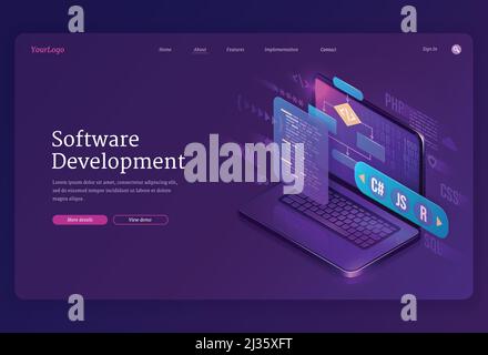 Software development isometric landing page. Website or program coding cross platform, algorithm programming languages interface on computer screen, t Stock Vector