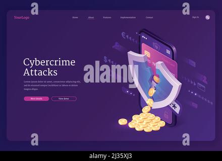 Cybercrime attack isometric landing page. Smartphone screen with cracked shield and coins scatter from bank card, theft of account personal data in in Stock Vector