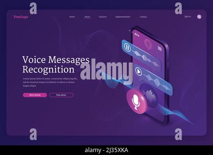 Voice messages recognition banner. Mobile application for recording sound, dictate messages and speech. Vector landing page with isometric illustratio Stock Vector