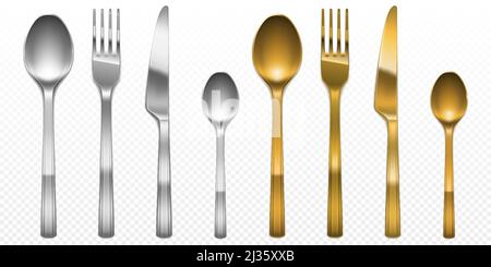 3d cutlery of golden and silver color fork, knife and spoon set. Silverware and gold utensil, catering luxury metal tableware top view isolated on tra Stock Vector