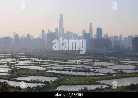 Shenzhen skyline view from the boundary of Hong Kong Ma Tso Lung area Stock Photo