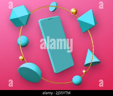 Abstract design with smartphone mockup in round frame of geometric 3d shapes hemisphere, octahedron, sphere, cone, cylinder and icosahedron on pink ba Stock Vector