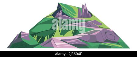 Huge hill with green grass, gray stone boulder or rock cartoon vector illustration, landscape element Stock Vector