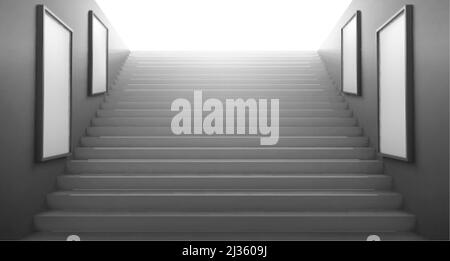 3d stairs going to light and empty white LCD screens for advertising on walls. Exit from underground or subway, staircase construction, ladder buildin Stock Vector