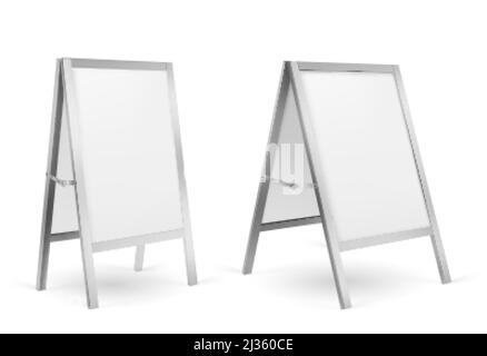 Pavement sign, blank sidewalk advertising stand isolated on white background. Vector realistic mockup of white sandwich board in metal frame, handheld Stock Vector