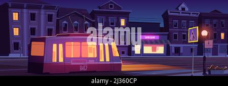 City street with houses, tram and empty car road with pedestrian crosswalk at night. Vector cartoon cityscape with tramway, urban landscape with resid Stock Vector