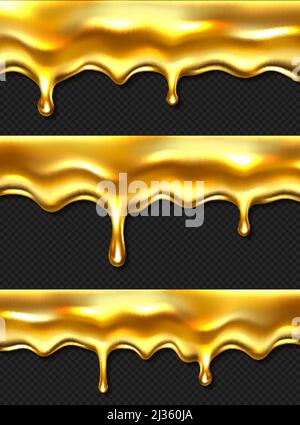 Dripping honey drops realistic seamless border, liquid yellow syrup splashes, glossy drip with falling droplets, flow oil or sweet caramel texture iso Stock Vector