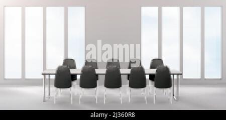 Boardroom with furniture, empty conference room with long desk and chairs around for business meetings, training and presentation, company office inte Stock Vector