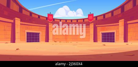 Ancient roman arena for gladiators fight. Vector cartoon illustration of empty Coliseum amphitheater for battle between warriors, barbarian and sparta Stock Vector