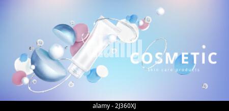 Skin care cosmetic product with holographic 3d geometric shapes, circles and silver rings. Vector brand poster with face cream or gel in blank white t Stock Vector