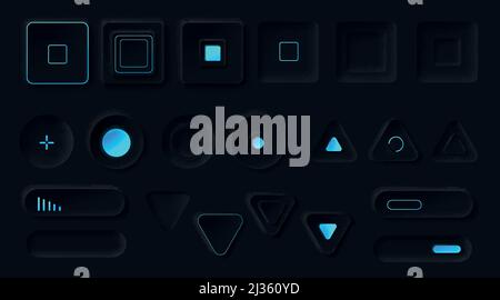 Control buttons with neon backlight. Media player interface, music or video bar, Ui navigation switchers of round, square and triangle shapes, volume, Stock Vector