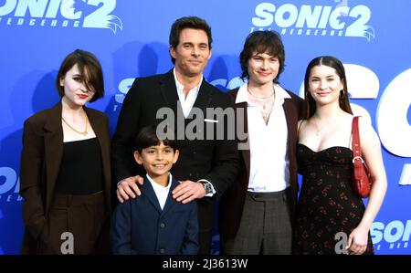 Los Angeles, California, USA 5th April 2022 (L-R) Mary James Marsden, William Luca Costa-Marsden, Actor James Marsden, Jack Marsden and Soleil Jace attend Paramount Pictures LA Premiere of 'Sonic 2: The Hedgehog' at Regency Village Theatre on April 5, 2022 in Los Angeles, California, USA. Photo by Barry King/Alamy Live News Stock Photo