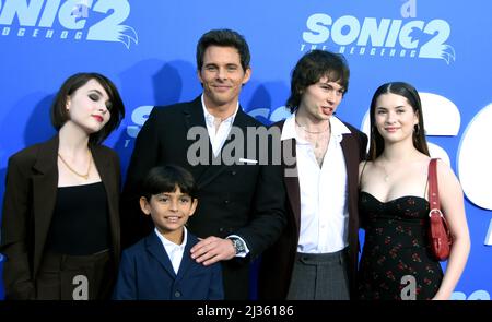 Los Angeles, California, USA 5th April 2022 (L-R) Mary James Marsden, William Luca Costa-Marsden, Actor James Marsden, Jack Marsden and Soleil Jace attend Paramount Pictures LA Premiere of 'Sonic 2: The Hedgehog' at Regency Village Theatre on April 5, 2022 in Los Angeles, California, USA. Photo by Barry King/Alamy Live News Stock Photo