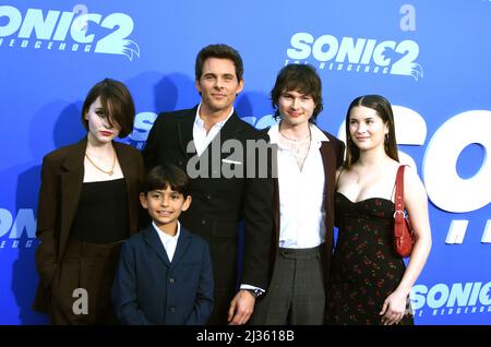 Los Angeles, California, USA 5th April 2022 (L-R) Mary James Marsden, William Luca Costa-Marsden, Actor James Marsden, Jack Marsden and Soleil Jace attend Paramount Pictures LA Premiere of 'Sonic 2: The Hedgehog' at Regency Village Theatre on April 5, 2022 in Los Angeles, California, USA. Photo by Barry King/Alamy Live News Stock Photo