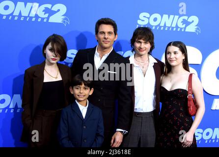 Los Angeles, California, USA 5th April 2022 (L-R) Mary James Marsden, William Luca Costa-Marsden, Actor James Marsden, Jack Marsden and Soleil Jace attend Paramount Pictures LA Premiere of 'Sonic 2: The Hedgehog' at Regency Village Theatre on April 5, 2022 in Los Angeles, California, USA. Photo by Barry King/Alamy Live News Stock Photo