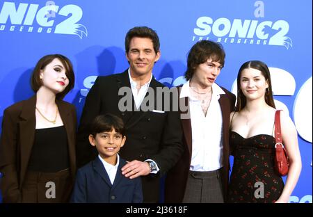 Los Angeles, California, USA 5th April 2022 (L-R) Mary James Marsden, William Luca Costa-Marsden, Actor James Marsden, Jack Marsden and Soleil Jace attend Paramount Pictures LA Premiere of 'Sonic 2: The Hedgehog' at Regency Village Theatre on April 5, 2022 in Los Angeles, California, USA. Photo by Barry King/Alamy Live News Stock Photo