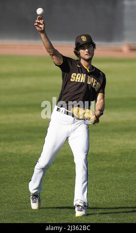 San Diego Padres pitcher Yu Darvish and Seattle Mariners player instructor Ichiro  Suzuki (L) shake hands before a spring training baseball game in Peoria,  Arizona, on March 26, 2023. (Kyodo)==Kyodo Photo via