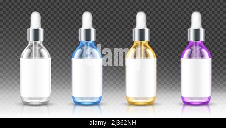 Realistic glass bottles with dropper for serum or oil. Cosmetic flasks or vials for organic aroma essence, anti-aging essential collagen for beauty ca Stock Vector