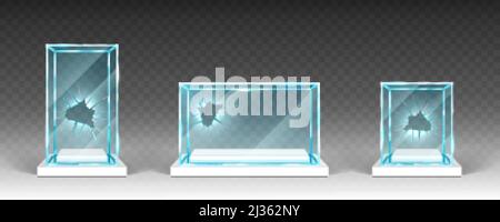 Broken glass showcases, displays, exhibit stands, transparent boxes with holes on white base front view. Damaged crystal blocks, exhibition or award p Stock Vector