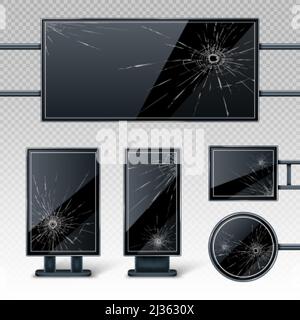 Broken blank billboards displays, empty black LCD screens or stands for advertising with holes and cracks. Horizontal, vertical, round and rectangular Stock Vector