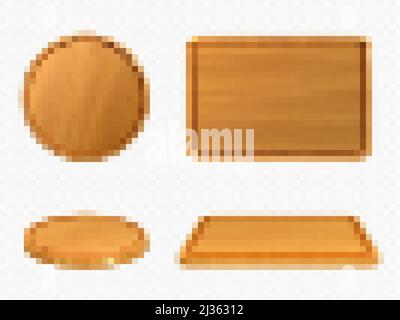 Wooden pizza and cutting boards top or front view. Trays of round and rectangular shapes, natural, eco-friendly kitchen utensils made of wood isolated Stock Vector