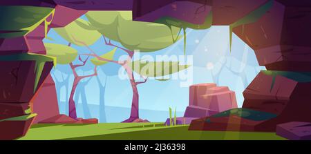 Jungle cave entrance, hole in rock with green trees, grass, moss and blue sky view. Grotto, hidden underground tunnel or cavern, summer nature landsca Stock Vector