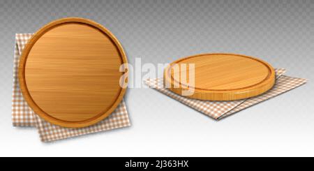 Wooden pizza and cutting boards on kitchen towel. Round trays on folded chequered tablecloth, natural, eco friendly utensils made of wood isolated on Stock Vector