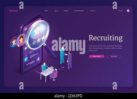 Recruiting isometric landing page. Hiring agency, human resource online service, tiny people at huge smartphone with magnifier and app for research ap Stock Vector