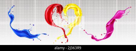 Splashes of liquid paints with swirls in heart shape isolated on transparent background. Vector realistic set of waves of colorful ink. Flows of red, Stock Vector