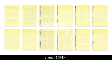 Notebooks with yellow paper in lines, dots and square grid top view. Vector realistic mockup of notepads with spiral wire binders and line pattern iso Stock Vector