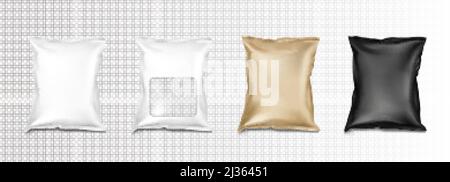 Foil bag with clear window, doypack for food isolated on transparent background. Vector realistic mockup of closed black, white and gold pouches, flex Stock Vector