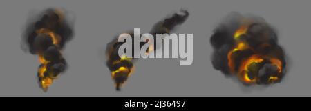 Black smoke clouds from burning fire. Vector realistic set of dark hot fog streams, smoke with orange and yellow backlight from flame, fiery smog isol Stock Vector
