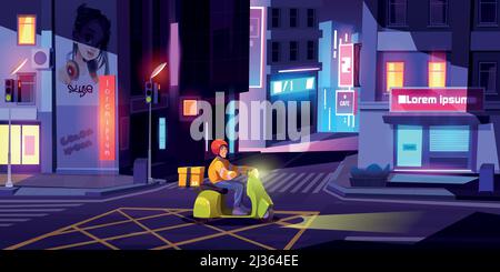 Delivery man on scooter with box drives on city street at night. Vector cartoon cityscape with boy on motorcycle on road in town. Courier in helmet on Stock Vector