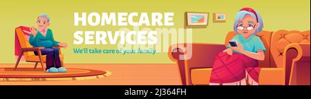 Homecare services poster. Social service for aid and care for old patients at home. Vector flyer with cartoon illustration of elder man sitting in arm Stock Vector