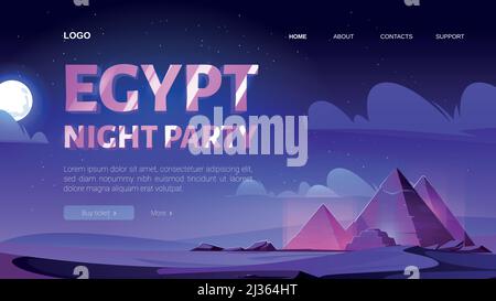 Egypt night party banner. Vector landing page of nightlife event with cartoon illustration of landscape with Egyptian pyramids with neon purple glow, Stock Vector