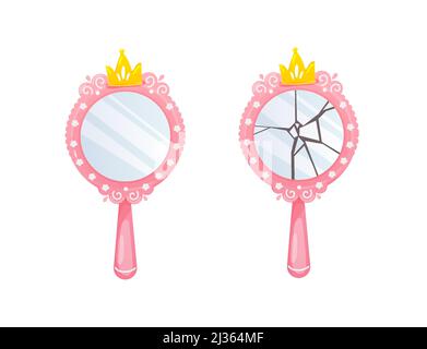 Princess hand mirror whole and broken.Round pink mirrors with crown,cracks glass Stock Vector
