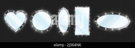 Makeup mirror in black frame with light bulbs isolated on transparent background. Vector realistic different shapes mirrors for theater actors or fash Stock Vector