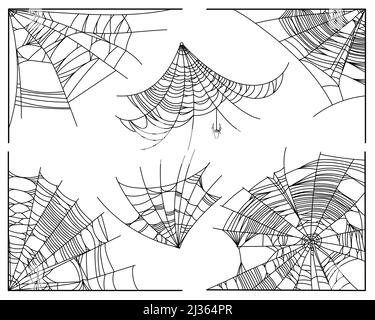 Spider web parts isolated on white background. Scary cobweb outline decor. Vector design elements for Halloween, horror, ghost or monster party, invitation and posters. Stock Vector