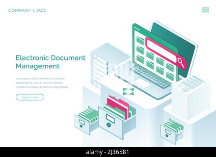 Electronic documents management isometric landing page, paperwork organization concept with laptop, office cabinet with drawers and files. Business ad Stock Vector