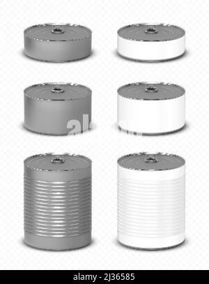Tin can with pull ring side view. Cylinder food metal jars with open key lid. Low, middle or high silver and white colored smooth and ribbed isolated Stock Vector