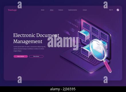 Electronic document management banner. Online paperwork storage, digital system of organization and find docs. Vector landing page of manage business Stock Vector