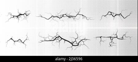 Ground cracks, horizontal breaks on land surface isolated on transparent background. Vector realistic set of fissure in ground, crevices from disaster Stock Vector