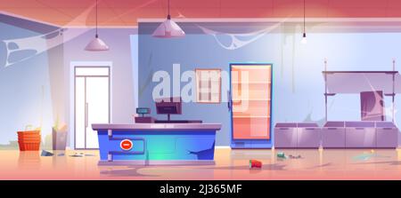 Abandoned grocery store empty shop interior with cracked cashier desk, scatter garbage, spider web, broken shelves and refrigerator. Neglected product Stock Vector