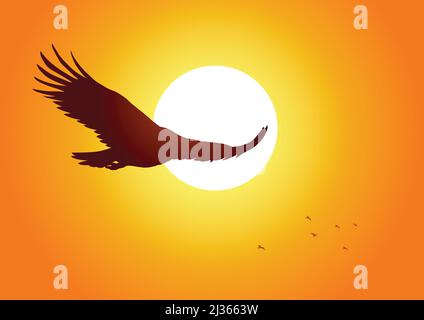 Silhouette illustration of an eagle soaring on sunset Stock Vector