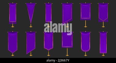 Pennant flags of purple and gold colors mockup, blank vertical banners with different edge shapes hanging on flagpole. Isolated medieval heraldic empt Stock Vector