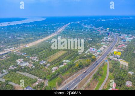 Aerial view of My Thuan bridge, cable-stayed bridge connecting the provinces of Tien Giang and Vinh Long, Vietnam. Famous beautiful bridge of Mekong D Stock Photo