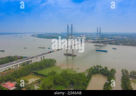 Aerial view of My Thuan bridge, cable-stayed bridge connecting the provinces of Tien Giang and Vinh Long, Vietnam. Famous beautiful bridge of Mekong D Stock Photo